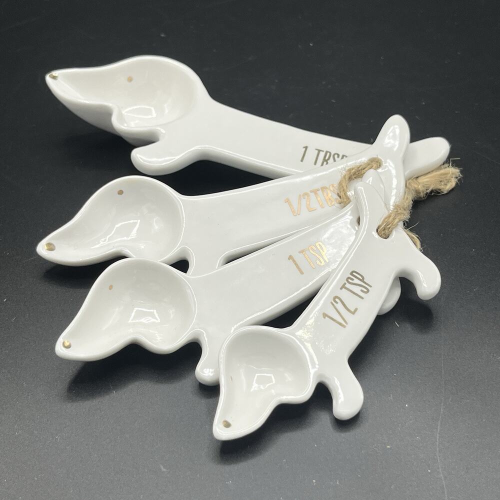 White Dachshund Ceramic Measuring Spoon Set of 4 Weiner Dog Themed Kitchen Decor